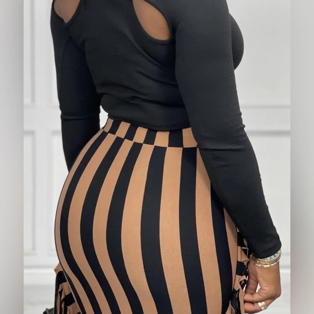Fringe Maxi Pencil High Waist Bodycon Striped Tassel Skirt Black Brown, Small